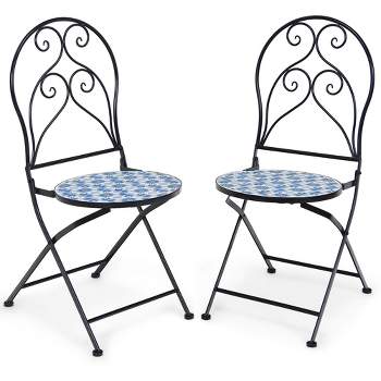 Costway 2PCS Patio Folding Mosaic Bistro Chairs Blue Flower Pattern Seat Garden