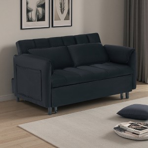52" Velvet 2-Seater Sofa Bed with 2 Pillows & Metal Feet - 1 of 4