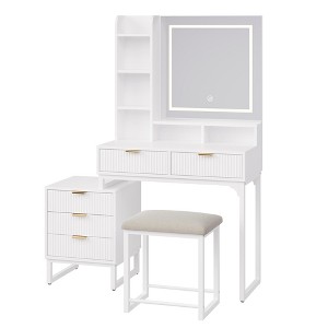 Makeup Vanity Desk with LED Lights, White Fluted Design, MDF Construction, Includes Stool - 1 of 4
