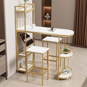 3 Pcs Bar Table and Chairs Set, Dining Table Wood Breakfast Pub Table with Gold Base & Shelves, Glass Rack, Wine Bottle Rack,with 2 Bar Stools, Gold - 1 of 4