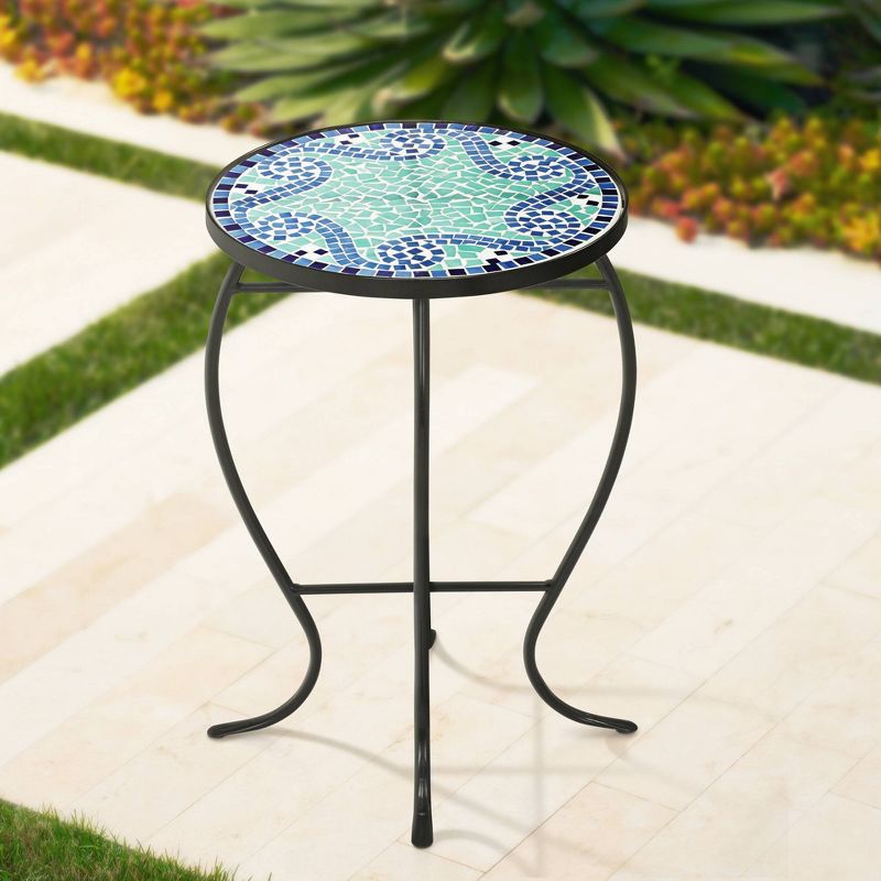 Teal Island Designs Modern Black Round Outdoor Accent Side Table 14" Wide Light Green Mosaic Tabletop for Front Porch Patio House Balcony, 2 of 8