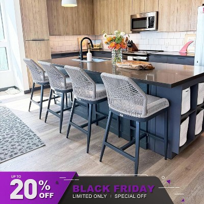 PURPLE LEAF Outdoor Counter Stools and Chairs (Set of 4) Rattan Barstools with Backrest and Footrest for Garden Pool, Includes Cushions