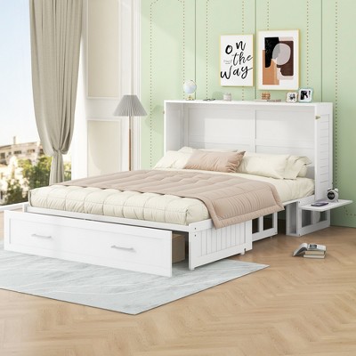 TIRAMISUBEST Queen Size Mobile Murphy Bed with a Large Drawer and Little Shelves on Each Side, Wooden Folding Murphy Cabinet Bed