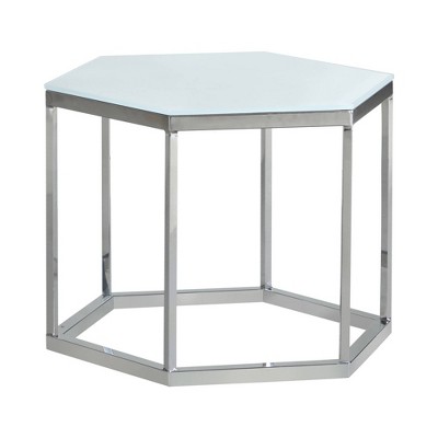 Hexagonal Accent Table with Glass Top Silver - Benzara