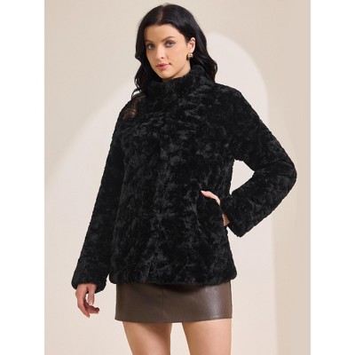 INSPIRE CHIC Women's Faux Fur Lapel Warm Overcoat with Pockets Winter Fluffy Jacket Small Black — фото 2