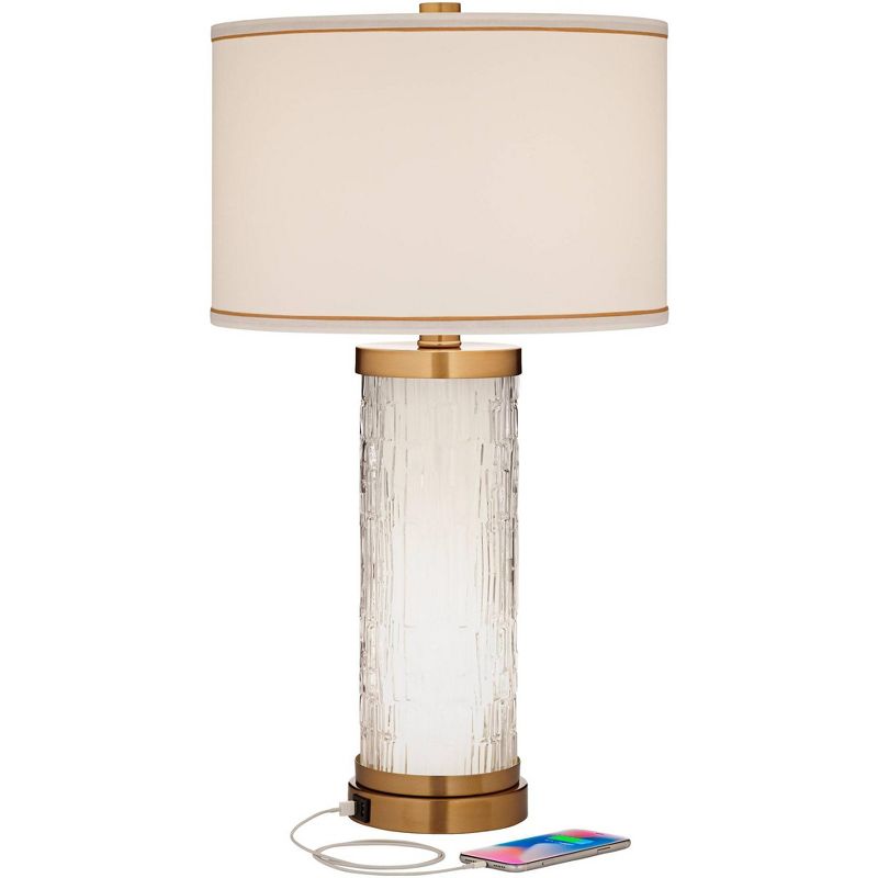 Possini Euro Design Eastlake 29" Tall Cylinder Modern End Table Lamp USB Port Night Light Clear Gold Glass Single White Shade Living Room Charging, 3 of 10