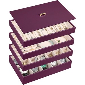 Set of 4 Stackable PU Leather Jewelry Trays with Lids, Drawer Organizer Inserts for Earrings & Watches, Black - 1 of 4