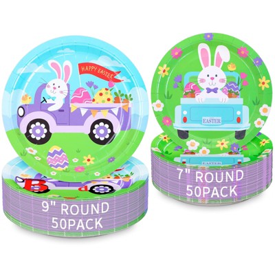 DYLIVeS Happy Easter Party Supplies, 100 Count Disposable Plates Bunny Farmhouse Dinnerware 9" Paper Dinner Plates 7" Dessert Plates