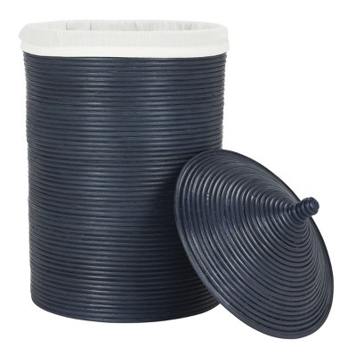 Navy and White Rattan Upright Hamper with Lid