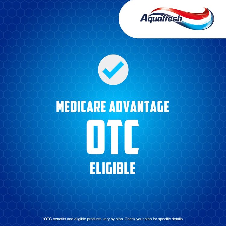 Blue background with a checkmark and text reading "Medicare Advantage OTC Eligible" and a logo in the top right corner.