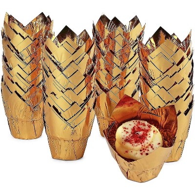 Sparkle and Bash 100 Pack Gold Tulip Cupcake Liners, Foil Muffin Wrappers, Baking Cups (3.35 x 3.5 In)