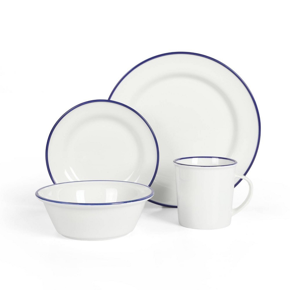 Photos - Glass Martha Stewart Cliffield 16pc Porcelain Dinnerware Set White with Blue Rim 