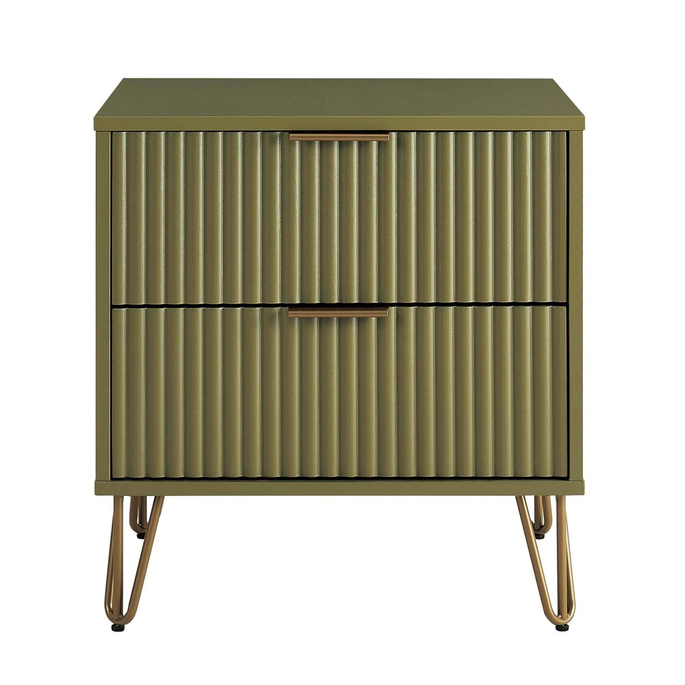 Manhattan Comfort Dumbo 2 Drawer Nightstand Olive Green: Glossy MDF Frame, Metallic Gold Hardware, Contemporary Style
