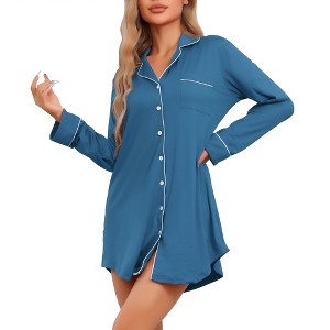 cheibear Womens Nightgown for Women Long Sleeve Sleepshirt Button Down Notch Collar Boyfriend Nightshirt Sleepwear - 1 of 4