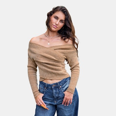 Women's Khaki V-Neck Off-Shoulder Wrap Sweater - Cupshe