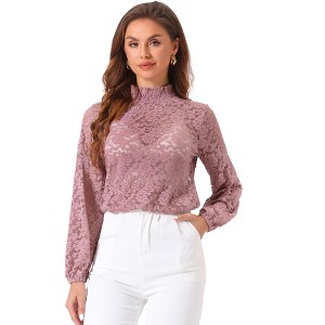 INSPIRE CHIC Women's See Through Mock Neck Long Sleeve Floral Lace Blouse - 1 of 4