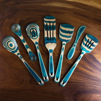 Baltique 7pc Mykonos Kitchen Utensil Set: Wooden Cooking Utensils, Spurtle, Large Soup Utensil, Blue, Hand Wash — фото 2