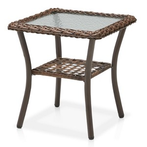 Buenhomino Outdoor Side Table, Patio Rattan Coffee Table Small End Table with Glass Tabletop and Storage Shelf for Porch Backyard Balcony Living Room - 1 of 4