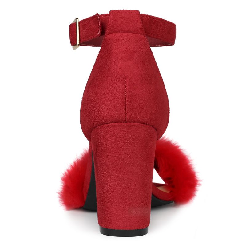 Allegra K Women's Faux Fur Buckle Closure Ankle Strap Block Heels Sandals, 3 of 7