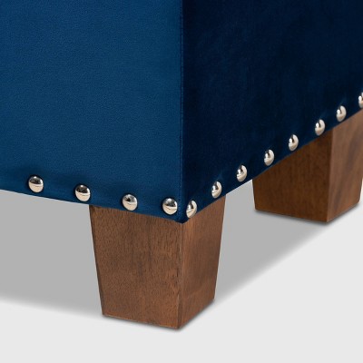 Elegant Navy Blue Velvet Tufted Storage Ottoman Bench with Silver Accents