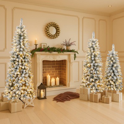Yukimo - 3-Piece Flocked Artificial Christmas Tree Set with Lights - 4ft 5ft 6ft - Snow White - Indoor Holiday Decor