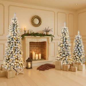 Yukimo - 3-Piece Flocked Artificial Christmas Tree Set with Lights - 4ft 5ft 6ft - Snow White - Indoor Holiday Decor - 1 of 4
