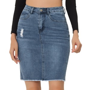 INSPIRE CHIC Women's Basic Distressed High Waist Ripped Hem Washed Jeans Skirt - 1 of 4