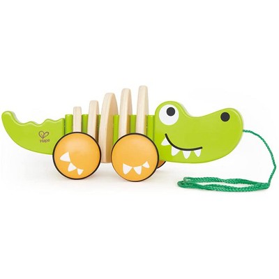 Hape Walk A Long Crocodile Wooden Push Pull Toy Can Sit, Stand, Roll, with Rubber Rimmed Wheels, for Toddlers Ages 1 and Up, Lime Green