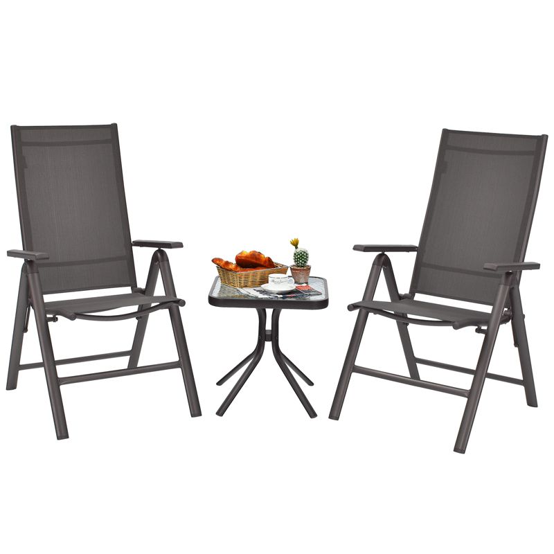 Costway 3PCS Bistro Set Folding Adjustable Chairs Square Glass Table Garden, 3 of 9