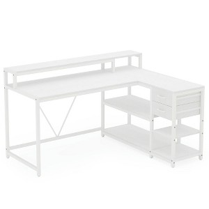 Resenkos Computer Desk, Office Desk, Study Desk,Reversible L-Shaped Desk, Industrial Corner Desk with Drawer & Shelves,White - 1 of 4