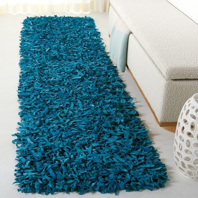 Hand-Knotted Light Blue Leather Shag Runner Rug