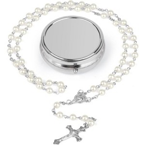 Catholic Sacramental Rosary | Virgin Mary & Crucifix Necklace - Confirmation Gift for Women w/ Silver Metal Gift Box (White) - 1 of 4