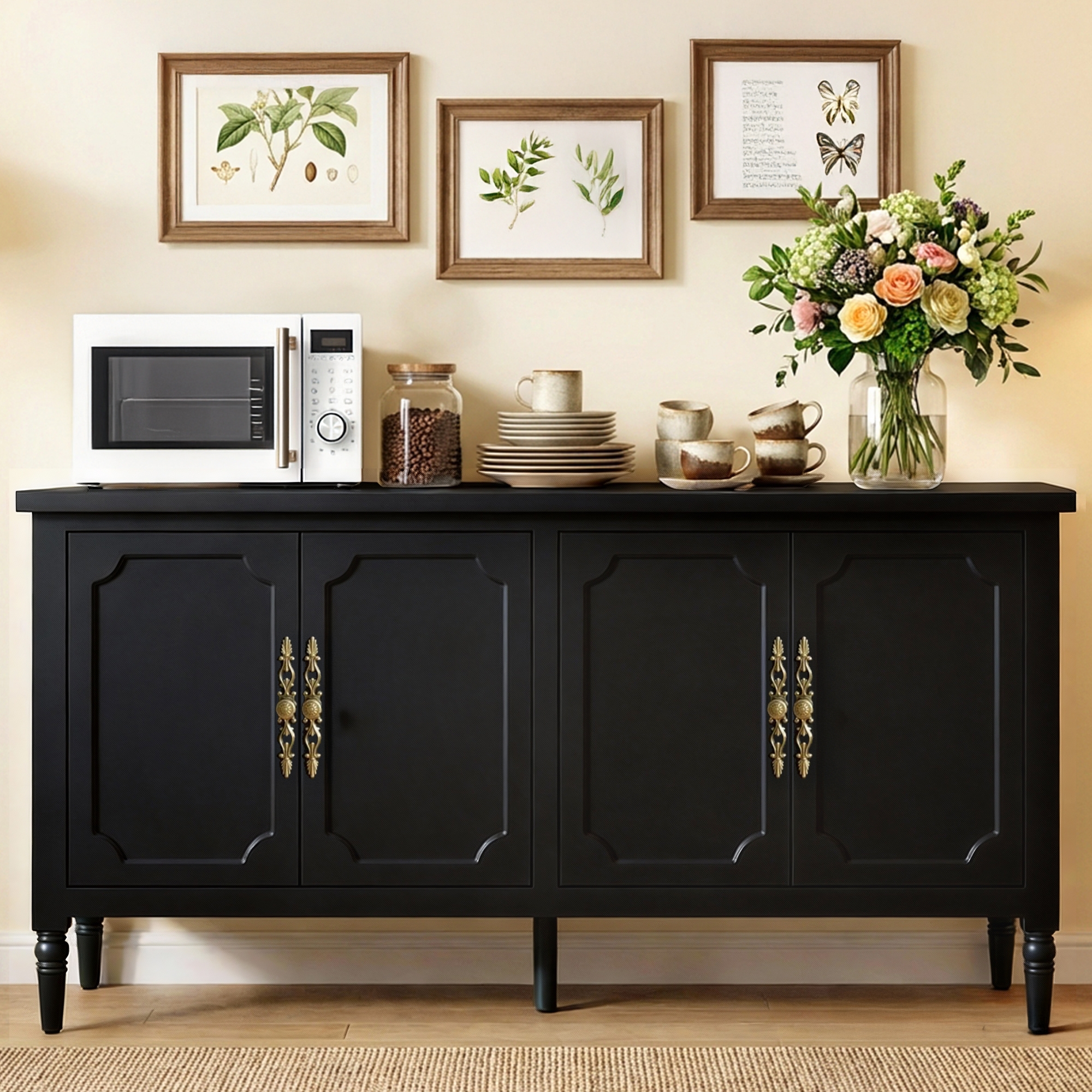 Heynemo Sideboard Buffet Cabinet, 59'' Mid Century Storage Cabinet with 4 Doors and Adjustable Shelves for Dining Room Living Room, Set of 1, Black