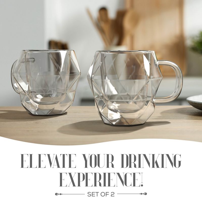 Elle Decor Insulated Coffee Mug Set of 2 Double Wall Diamond Shaped Glasses, Tea Cups, Glass Coffee Mugs, Clear, 2 of 8