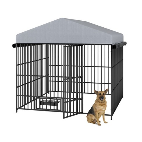 Large Dog Kennel Outside Outdoor Dog Kennel with Rotating Bowls Metal Dog House Outdoor Dogs Enclosure Dog Run Fence House with Waterproof Cover Roof