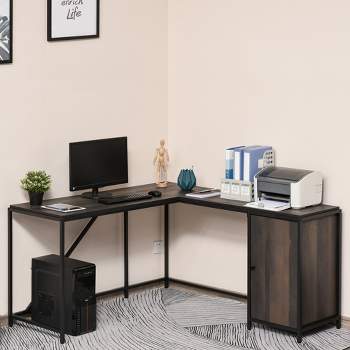 HOMCOM L-Shaped Computer Corner Desk with Storage Cabinet Adjustable Shelf Large Tabletop and Black Steel Frame Brown