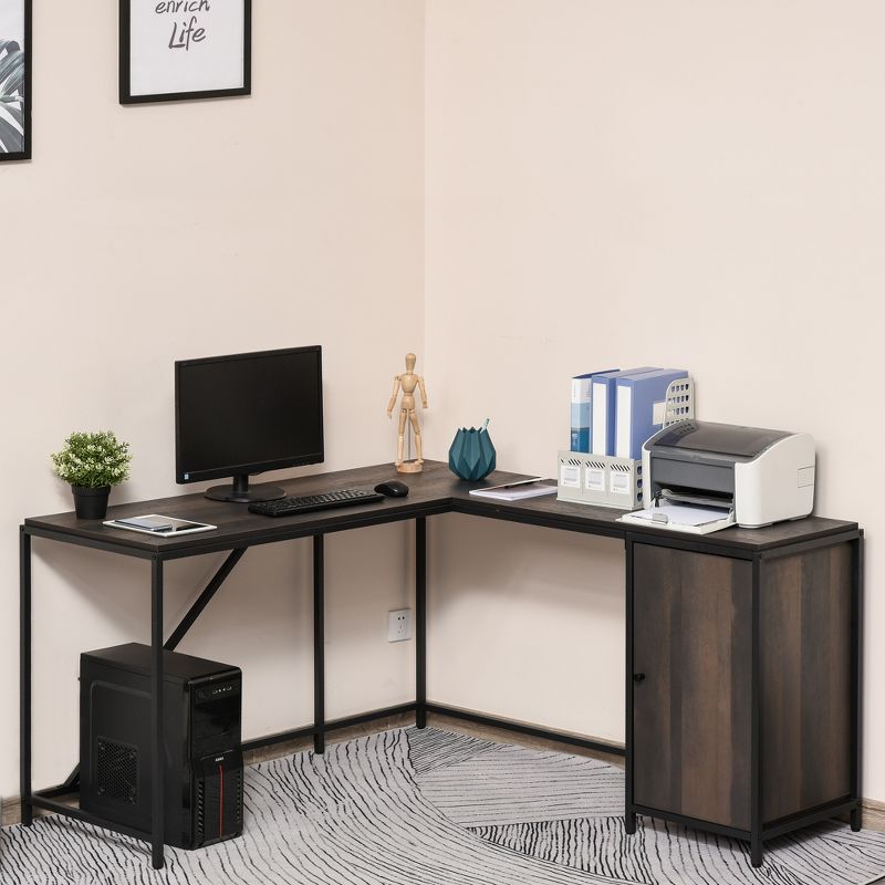 HOMCOM L-Shaped Computer Corner Desk with Storage Cabinet Adjustable Shelf Large Tabletop and Black Steel Frame Brown, 1 of 9