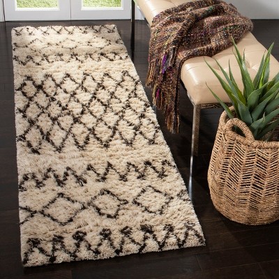 Ivory and Dark Brown Hand-Tufted Wool Shag Runner Rug