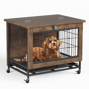 Dog Crate Furniture with Wheels, Heavy Duty Metal and Wood Dog Kennel Indoor, Anti-Chew Pet Cage End Side Table, for Small and Medium Breeds - 1 of 4