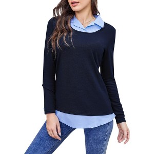 Women's Contrast Collared Shirts Patchwork Work Blouse Tunics Tops - 1 of 4