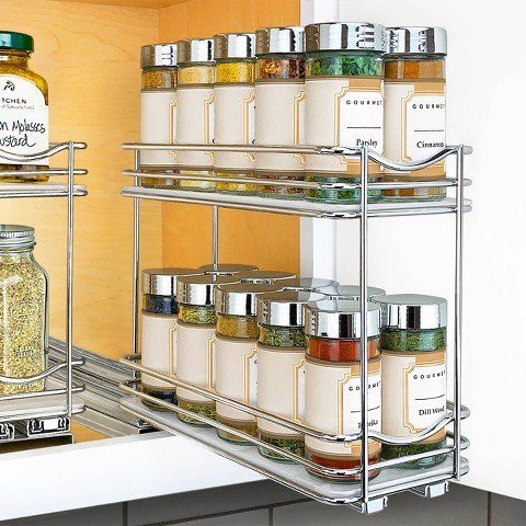 Lynk Professional Slide Out Double Spice Rack Upper Cabinet Organizer - 4" Wide: Chrome-Plated Kitchen Storage, Pull Out