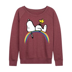 Women's - Peanuts - Lazy Snoopy and Woodstock on Rainbow Lightweight French Terry Wide Neck Long Sleeve Shirt - 1 of 4