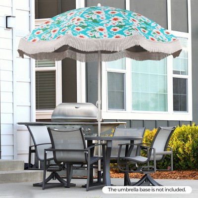 Green Floral Polyester Beach Umbrella with Fringe and Tilt Mechanism