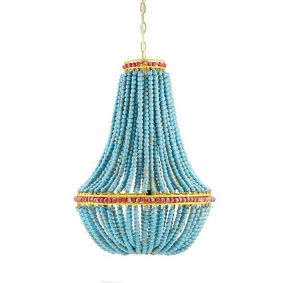 Eclectic Boho Multicolor Wood Beaded Chandelier with Yellow Metal Canopy