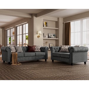 2pcs Linen Chesterfield Furniture Set Loveseat and Sofa Rolled Arm Couch Button Tufted-Morden Fort - 1 of 4