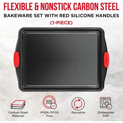 Large Gray Nonstick Carbon Steel Cookie Sheet Pan with Red Handles