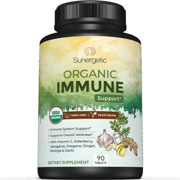 Sunergetic USDA Organic Immune Support Supplement  With Vitamin C, Elderberry, Astragalus, Oregano, Ginger, Moringa & Garlic - 90 Tablets