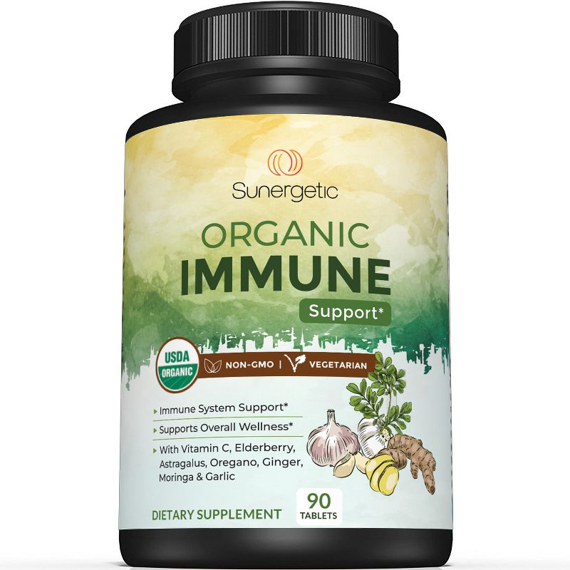 Sunergetic USDA Organic Immune Support Supplement  With Vitamin C, Elderberry, Astragalus, Oregano, Ginger, Moringa & Garlic - 90 Tablets, 1 of 4
