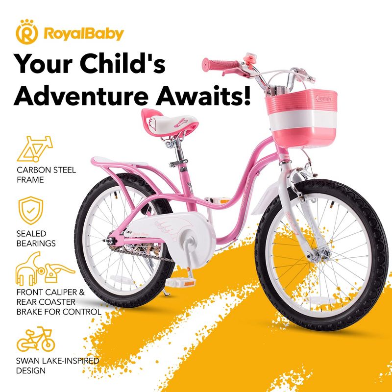 RoyalBaby Little Swan Carbon Steel Kids Bicycle with Dual Hand Brakes, Adjustable Seat, Folding Basket, & Kickstand, for Girls Ages 5 to 9, 3 of 7