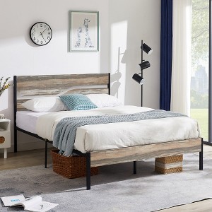 VECELO Metal Platform Bed Frame with Wooden Headboard - 1 of 4